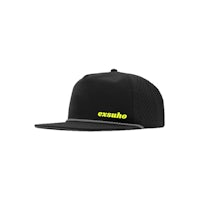 a black hat with yellow lettering on it